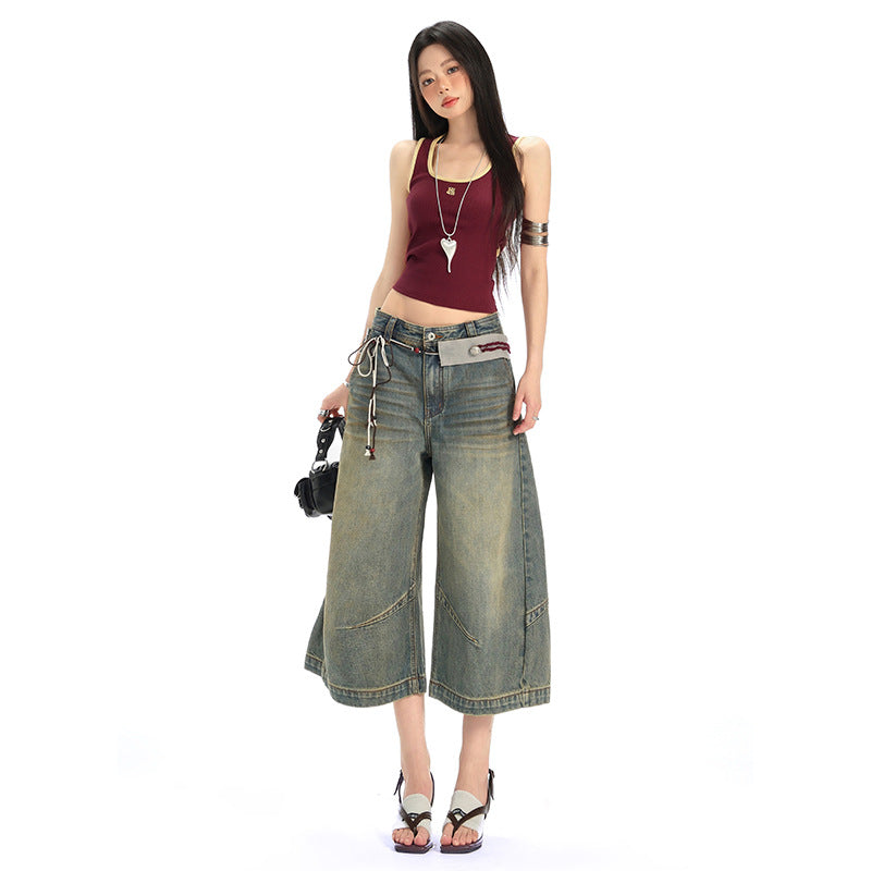 Deconstructed Knife-Edge Denim Shorts - Distressed Wide-Leg Casual Pants