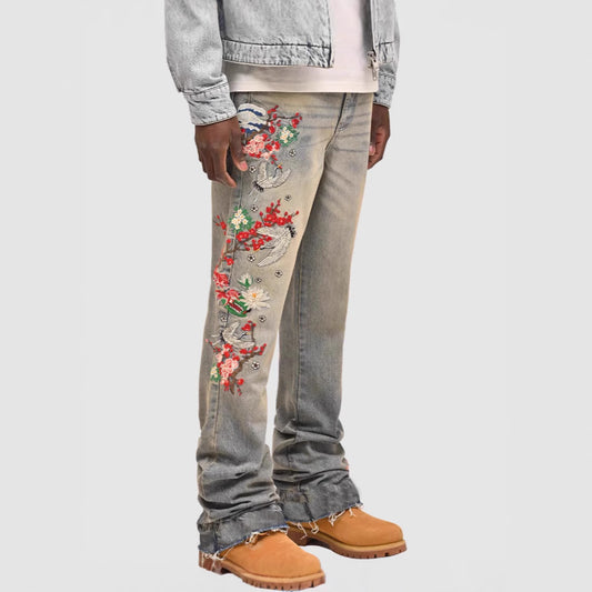 Men's Denim Straight Leg Jeans - Street Fashion Elastic Patchwork