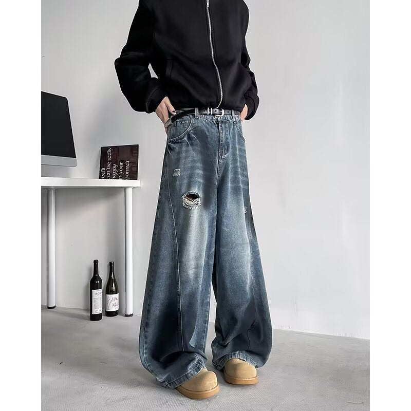 Broken Hole Curved Knife Cowboy Men's Loose Denim Pants