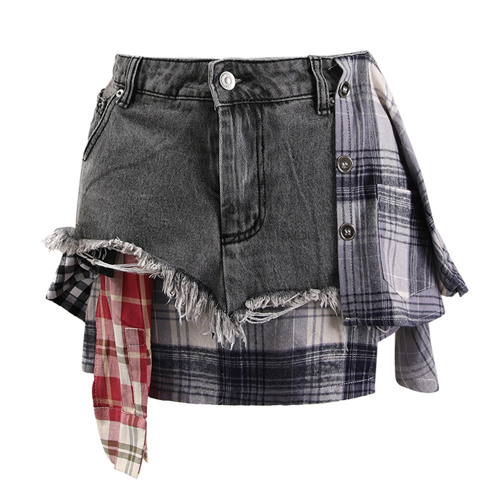 Women's Summer Denim Skirt - Irregular Plaid High Waisted Short Skirt