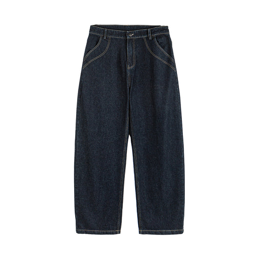 Straight Loose Fit Denim Pants with Visible Stitching in Original Color - Casual Wide Leg Jeans