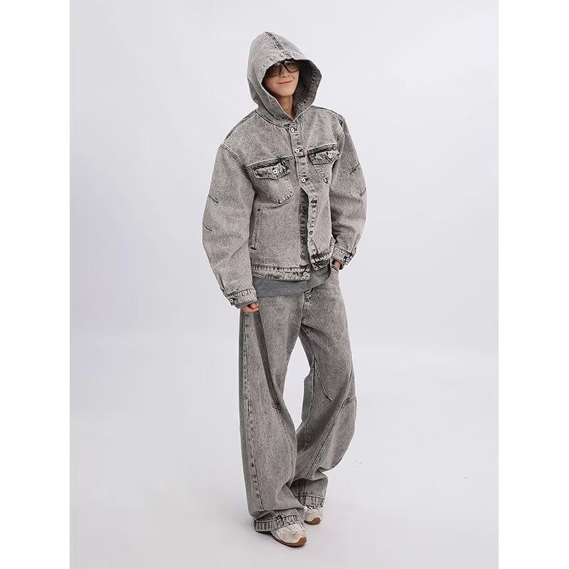 Washed Distressed Deconstructed Hooded Denim Jacket for Teens