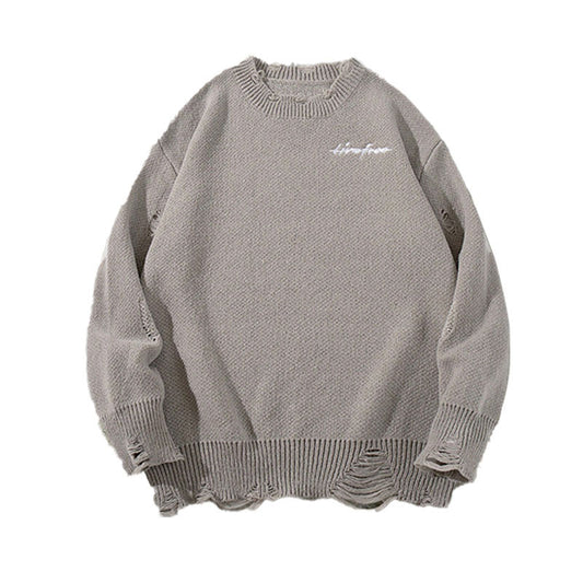 Vintage Distressed Sweater Loose Round Neck Top Couple Long Sleeve Knitwear Jacket