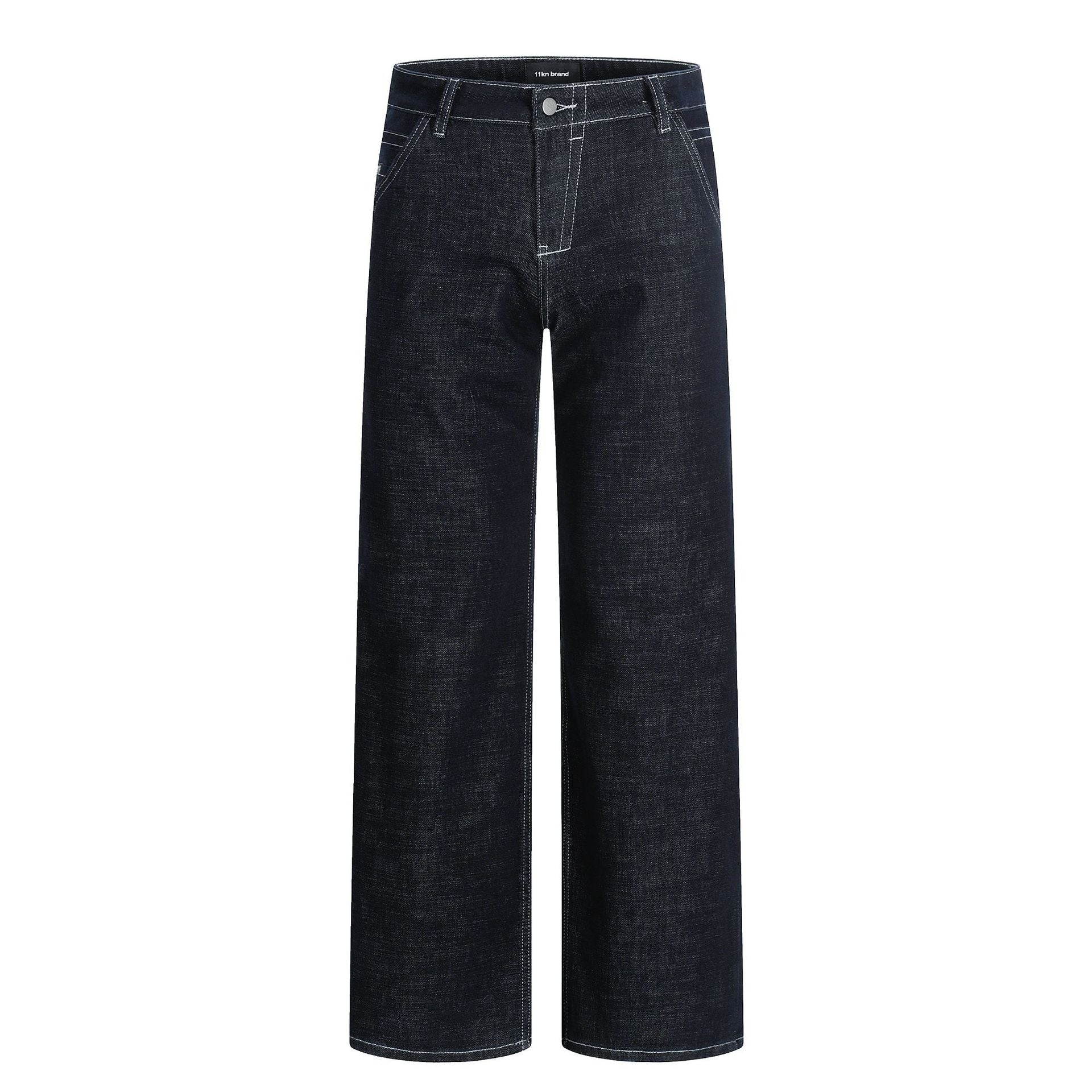 Unisex Dark Blue Denim Pants - Water Washed, Faded, Slimming, Straight Fit Casual Trousers
