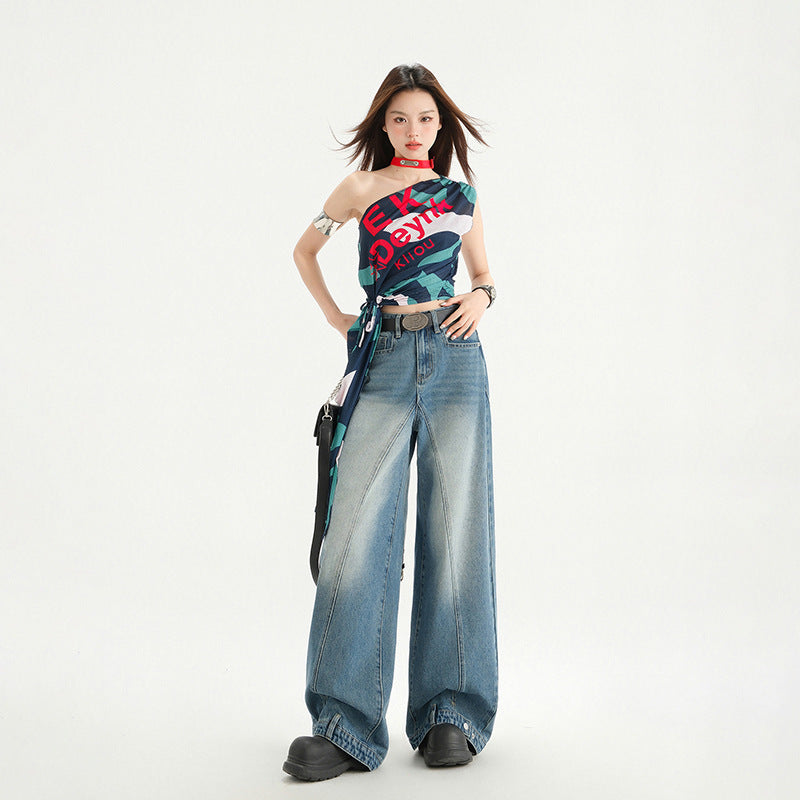 High Street Patchwork Wide Leg Pants for Women