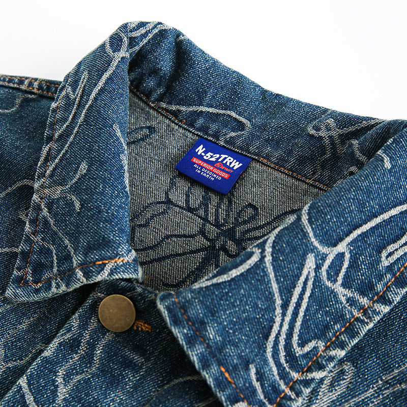 Butterfly Jacquard Denim Jacket Unisex Loose Fringe Outerwear