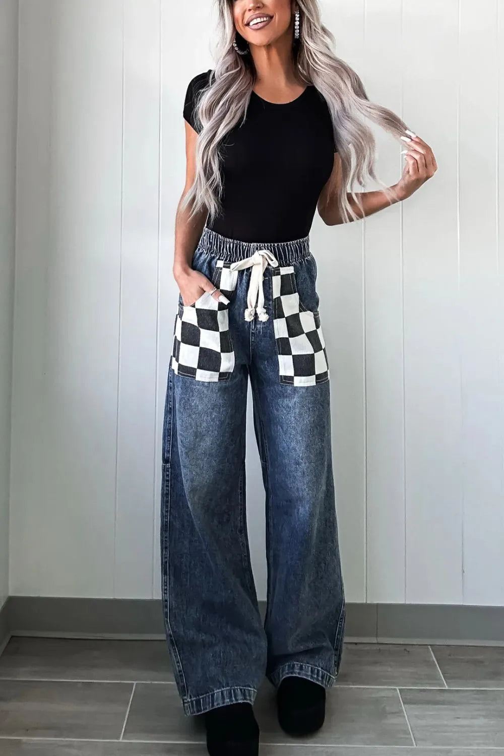 Checkered Wide Leg Jeans - Japanese Denim