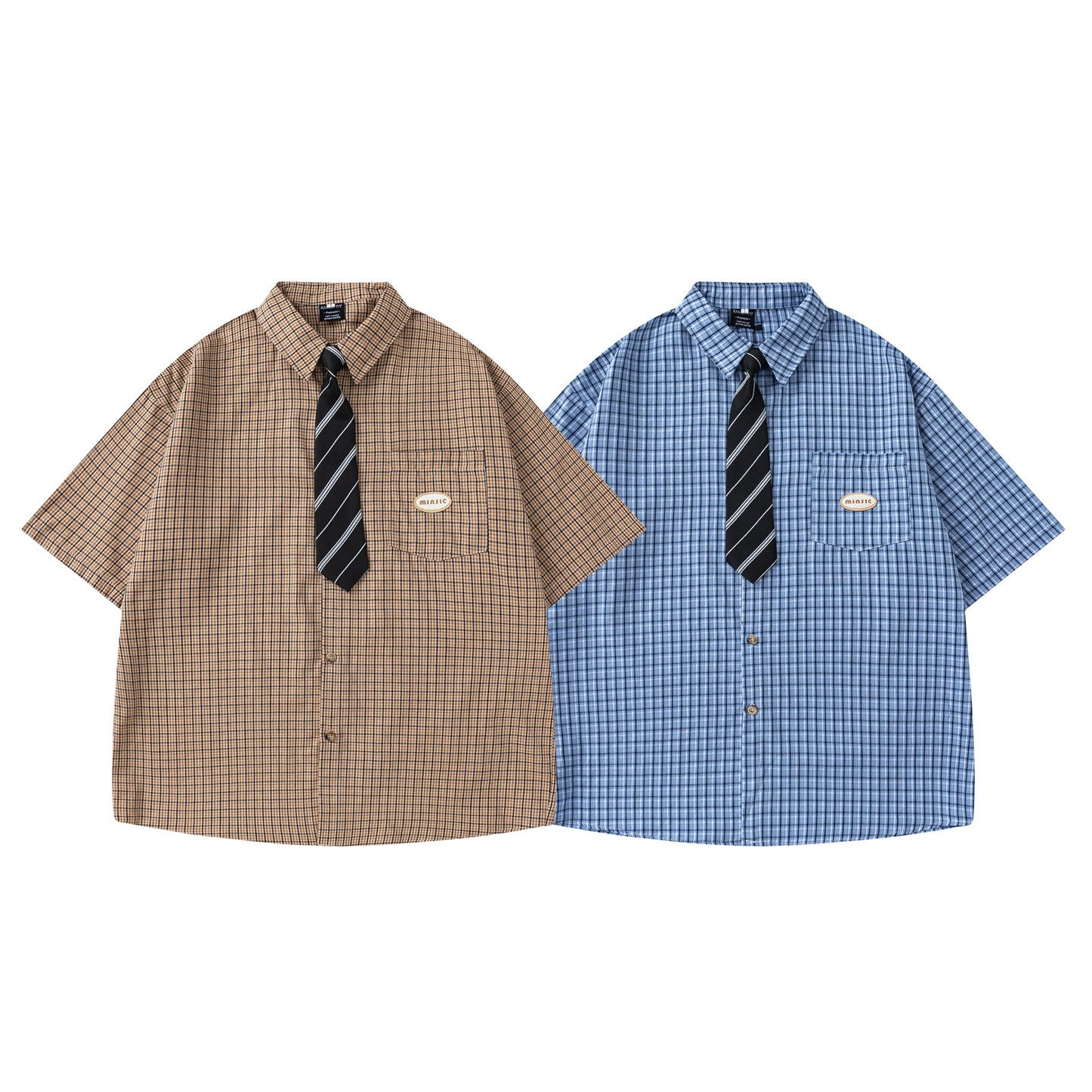 Retro Plaid Tie Collar Short Sleeve Shirt for Men and Women