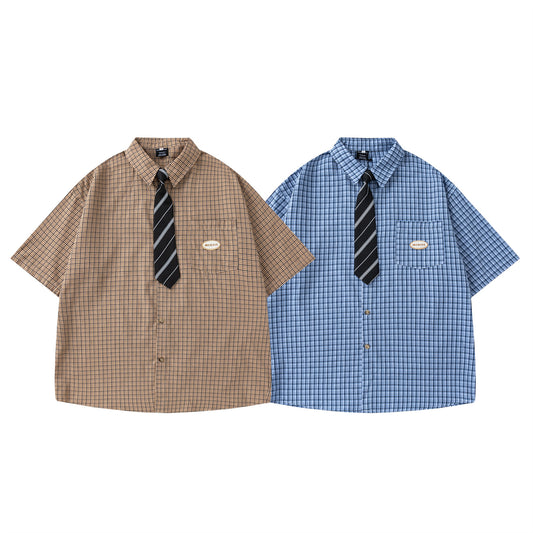 Plaid Tie Collar Short Sleeve Shirt