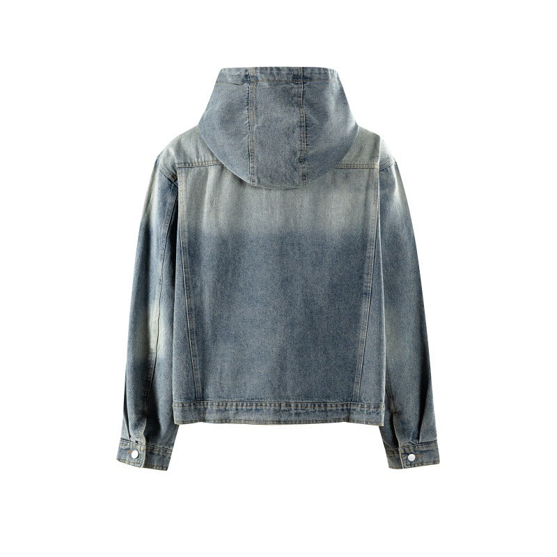 Washed Distressed Multi-Pocket Loose Hooded Workwear Denim Jacket