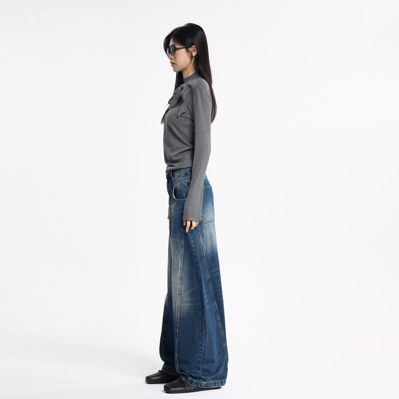 Women's Knife-Leg Jeans with Whiskers - Loose Casual Wide-Leg Pants