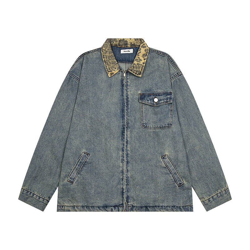 Distressed Denim Jacket with Contrasting Collar and Zipper