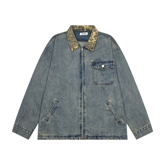 Distressed Denim Jacket with Contrasting Collar and Zipper