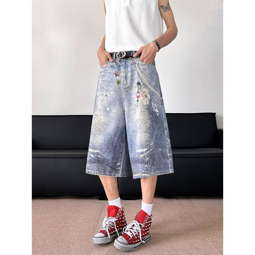 Full Print Hanging Decoration Wide Leg Denim Shorts