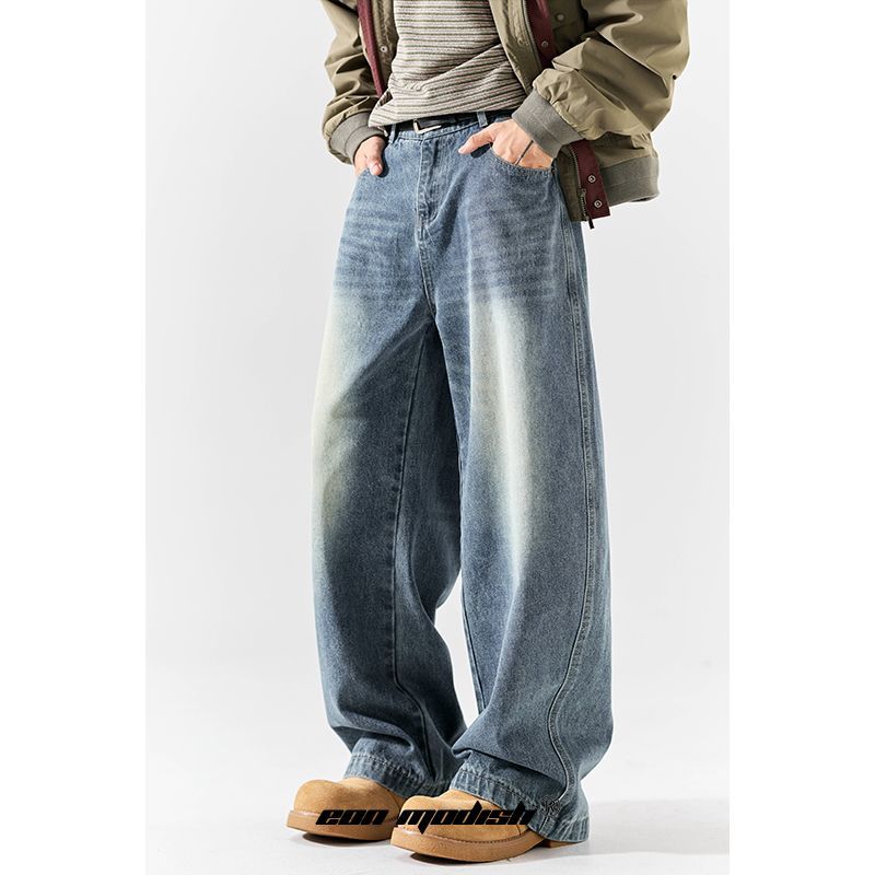 Unique Design Washed Denim Long Pants for Street Style