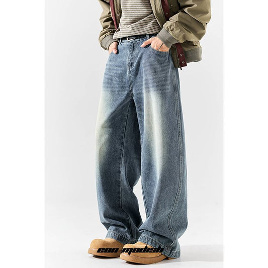 Unique Design Washed Denim Long Pants for Street Style