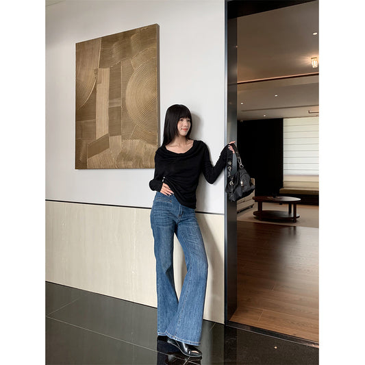 One-Word Style Women's Flared Denim Pocket Pants