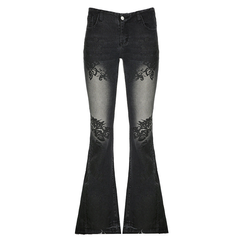 Plant Print Washed Water Slim Fit and Slimming Flared Jeans