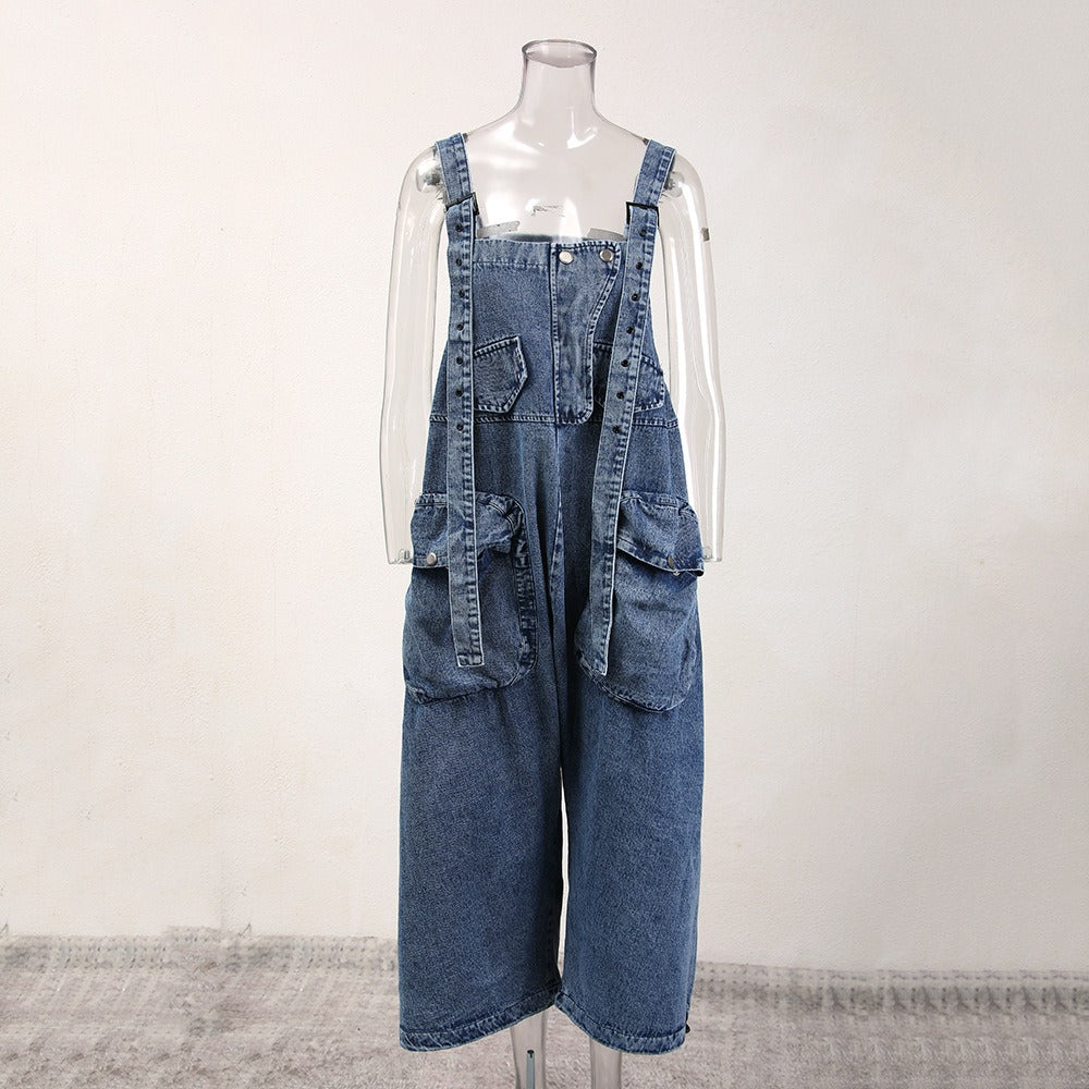 Stylish Women's Denim Overalls with Three-Dimensional Pockets