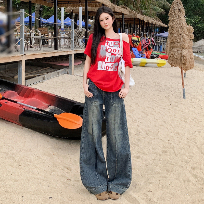 Women's Long Front Patch Pocket Design White Denim Pants Loose Wide Leg