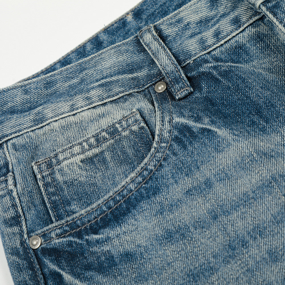 Washed Blue Mid-Rise Straight-Leg Denim Jeans — Street Style