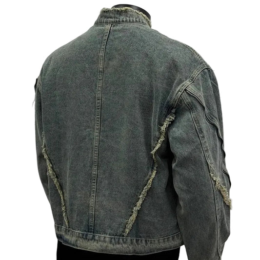Deconstructed Fringed Washed Denim Jacket