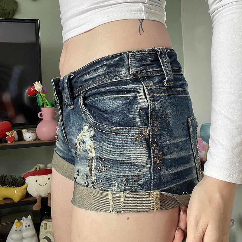 Hot Stamping Washed Retro Distressed Low Rise Denim Shorts