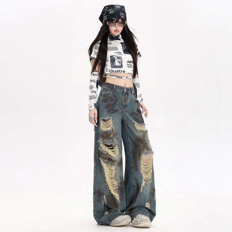 Street Distressed Graffiti Denim Pants for Women - Loose High Waist Wide Leg Trousers