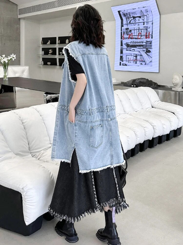 Women’s Loose Fit Blue Denim Irregular Burr Big Size Vest - O-Collar Sleeveless
