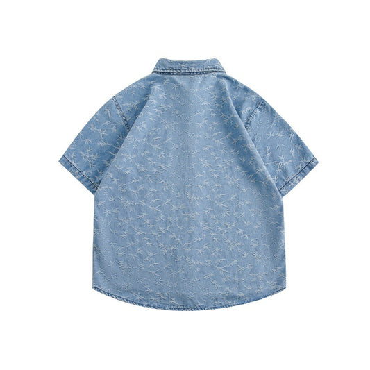 Loose Washable Jacquard Denim Shirt with Patch Pocket Design