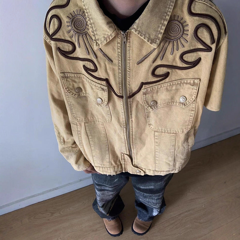 Heavyweight Denim Jacket - Embroidered Washed Vintage Retro Jacket