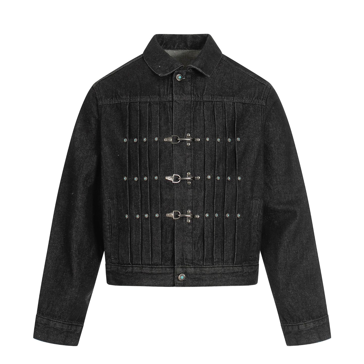 High-End Retro Raw Denim Men's Short Jacket with Crumpled Metal Button Design