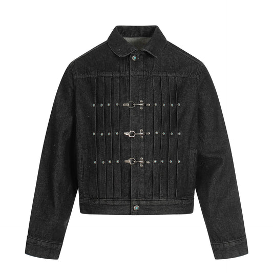 High-End Retro Raw Denim Men's Short Jacket with Crumpled Metal Button Design
