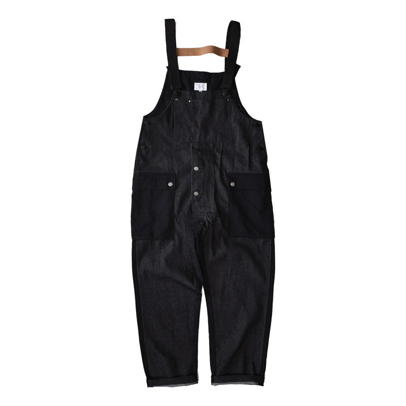 Men's Color Block Work Overalls with Multi-Pocket Suspenders