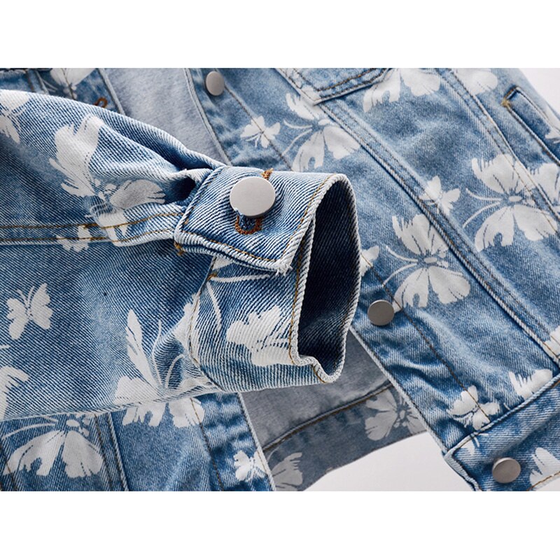 Women's Blue Butterfly Print Denim Jacket - Casual Loose-Fit Short Coat