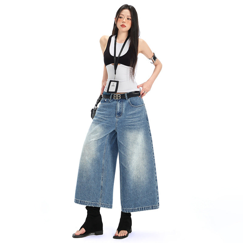 Women's Denim Cropped Pants - High Street Relaxed Fit Straight Leg