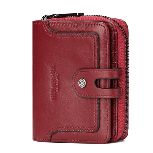 RFID Leather Wallet Top Layer Cowhide Coin Purse Zipper Buckle Bag European And American Retro Bag