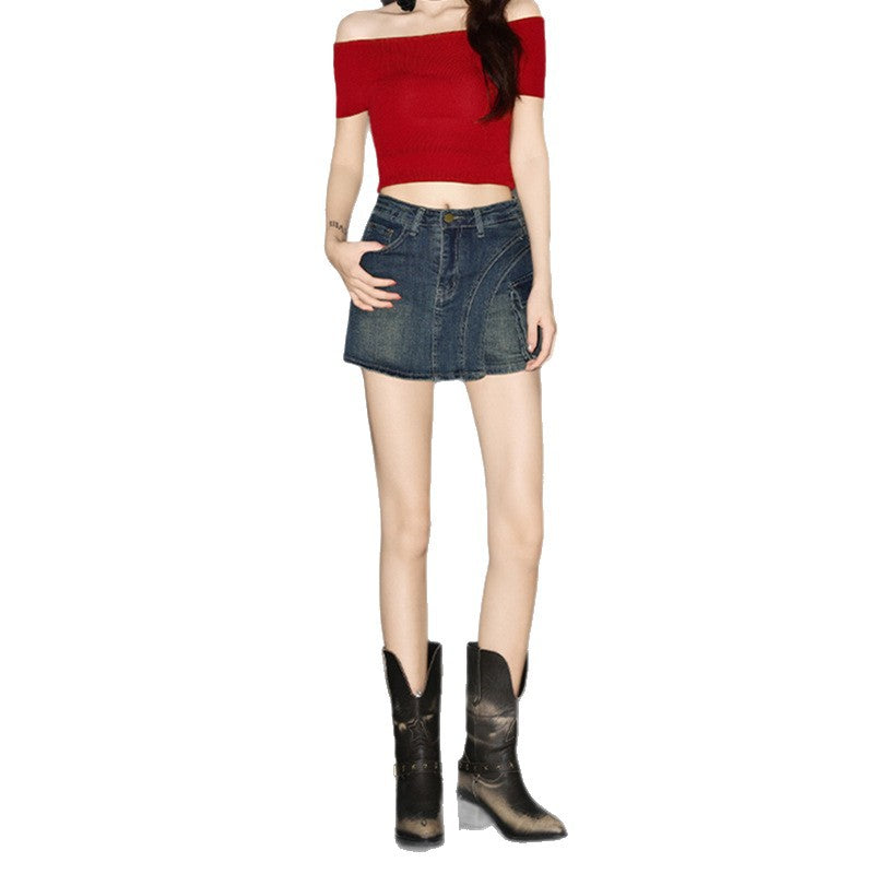 Pure Desire High Waist Denim A-Line Skirt for Women with Irregular Hem