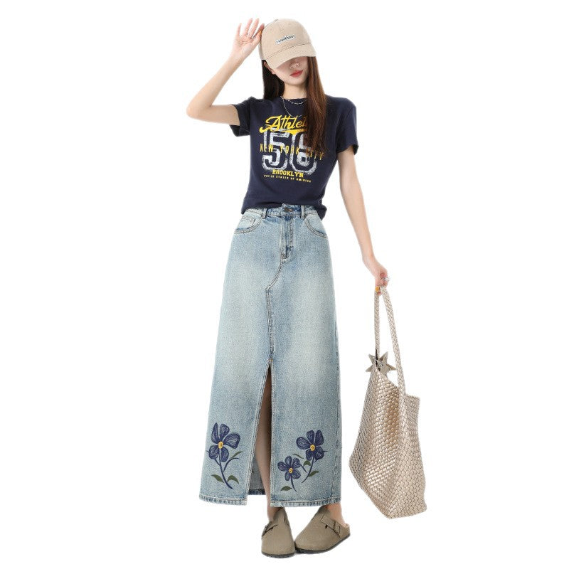 Embroidered Floral Denim Skirt for Women - High Waist Slim Fit Midi A-Line Dress