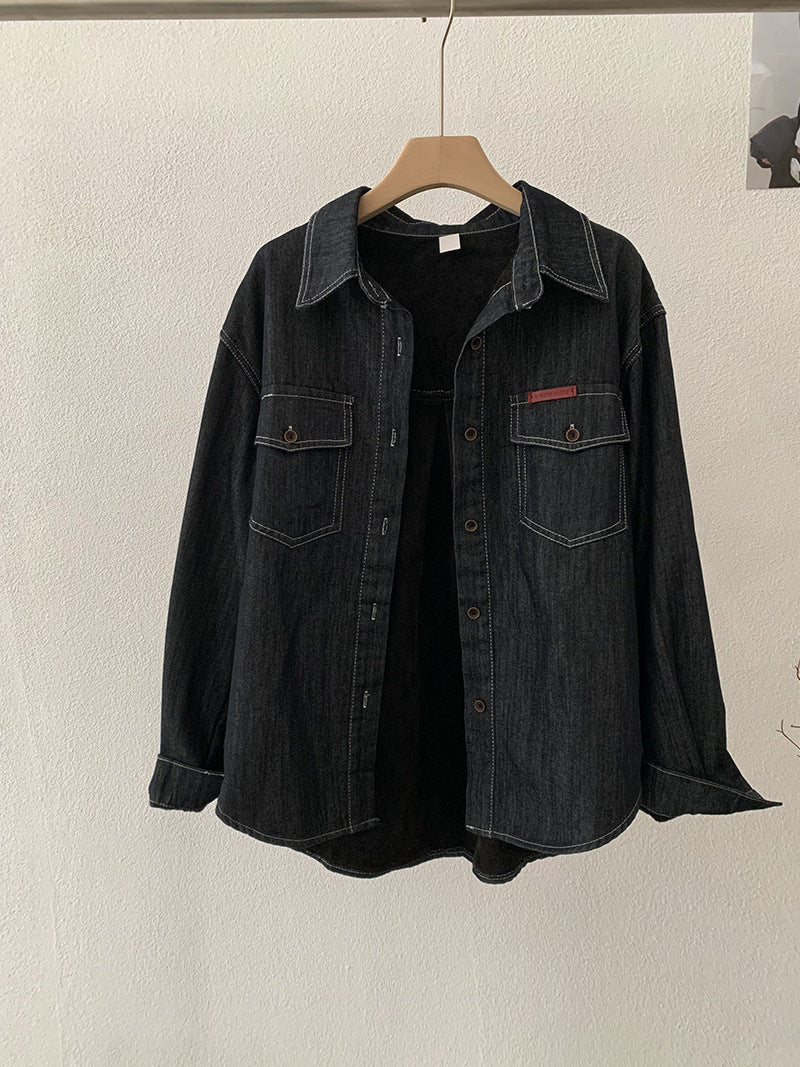 Warm Thickened Loose Mid-Length Open-Front Denim Jacket with Turn-Down Collar and Fleece Lining for Women