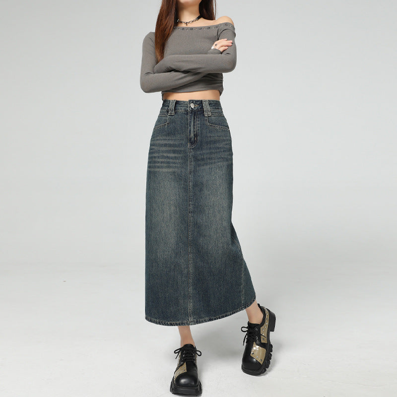 Women's Vintage Blue Slimming Denim Skirt with Slit Design