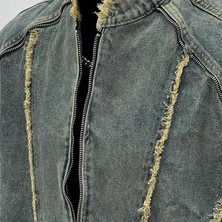 Deconstructed Fringed Washed Denim Jacket