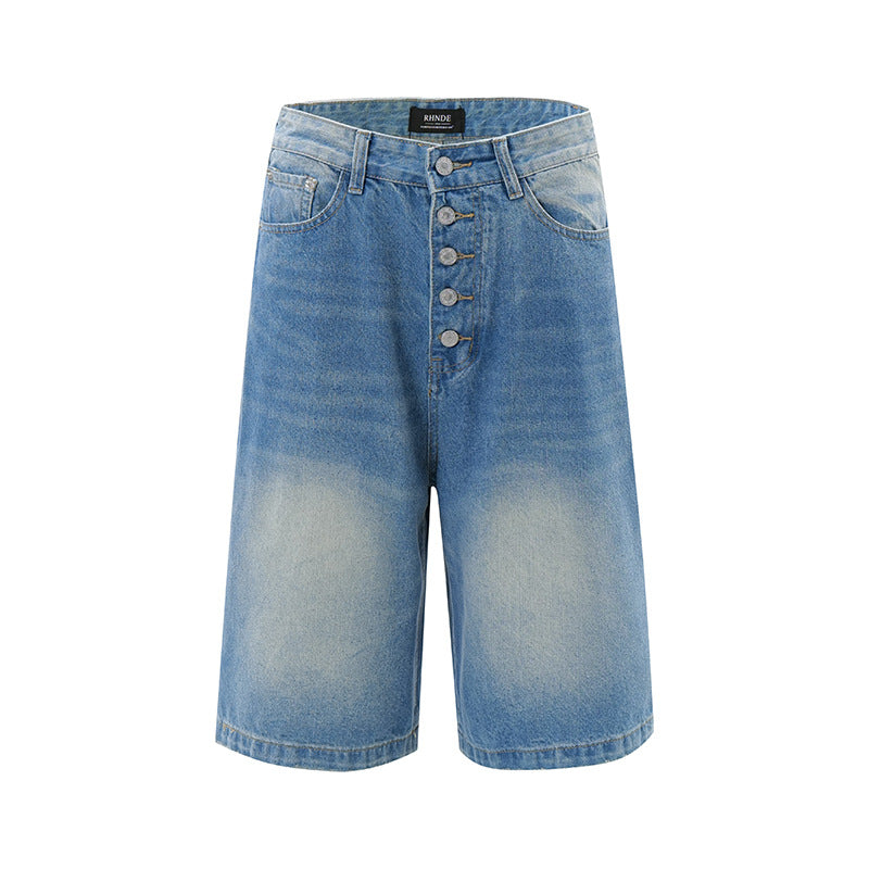 Washed and Worn Flight Button Open Denim Shorts