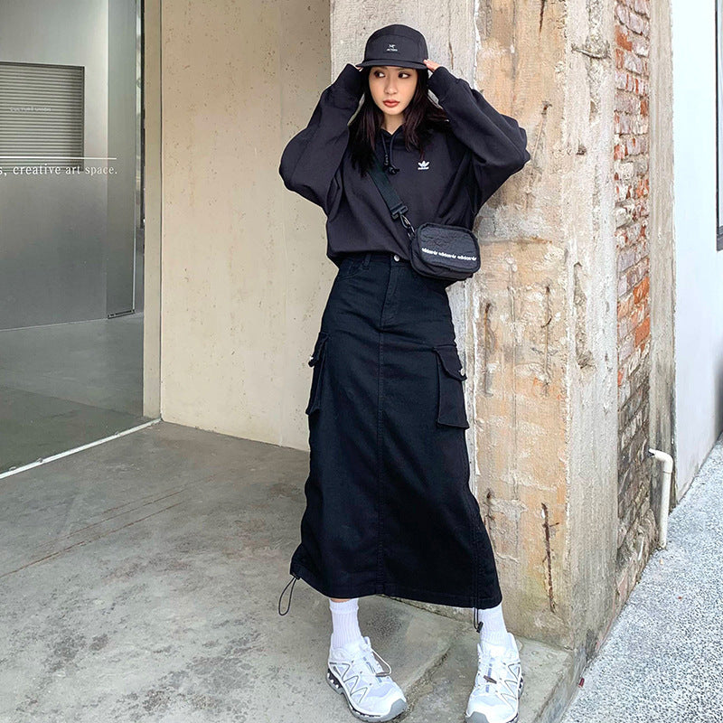 Workwear Pocket Denim A-Line Skirt with Adjustable Drawstring Length for Women