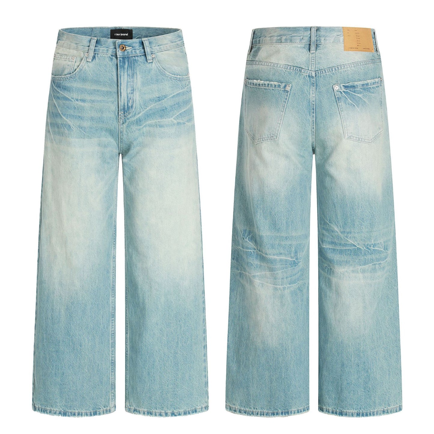 Blue Washed Faded Loose Fit Wide Leg Straight Casual Trousers