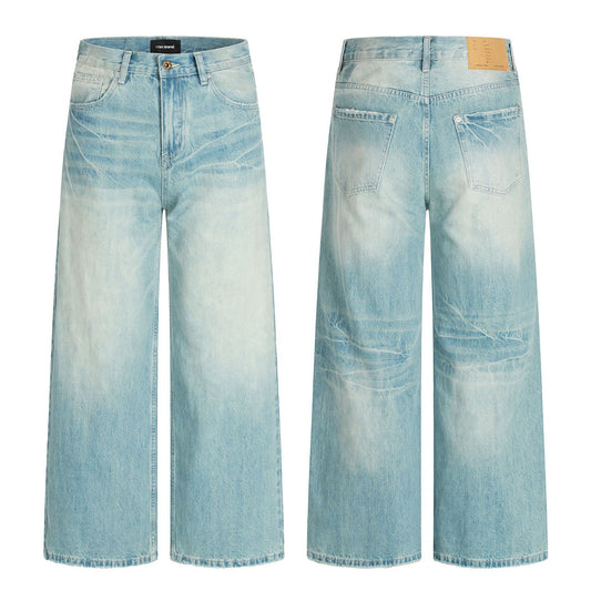 Blue Washed Faded Loose Fit Wide Leg Straight Casual Trousers