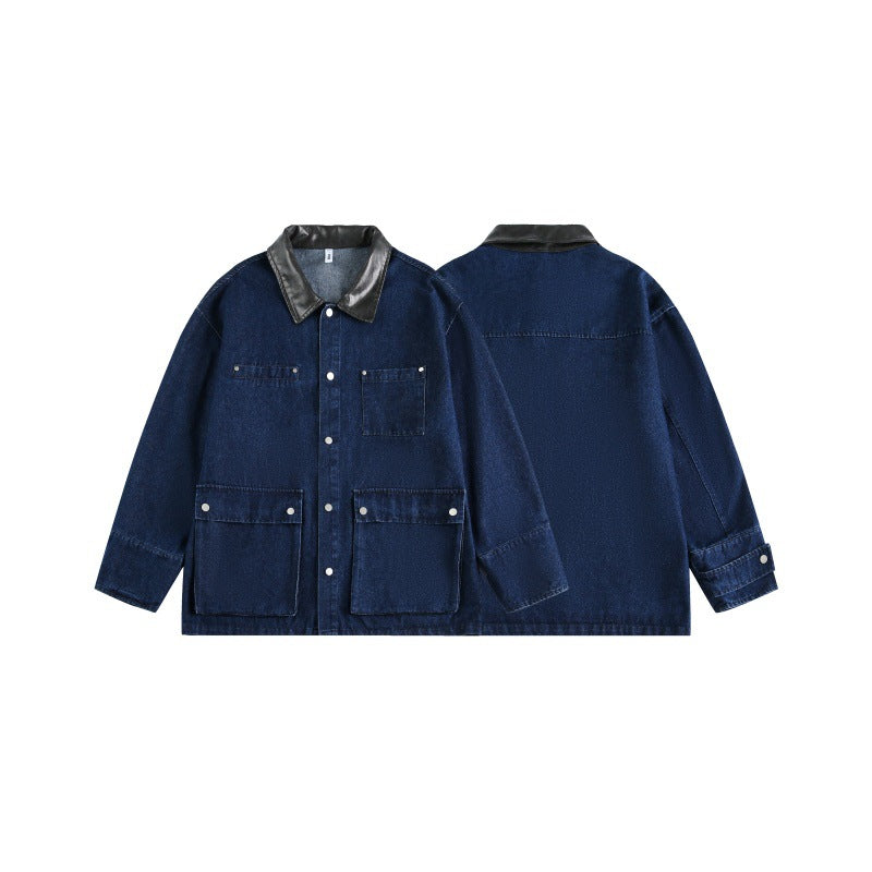 Mid-Length Color Block Denim Jacket with Pockets