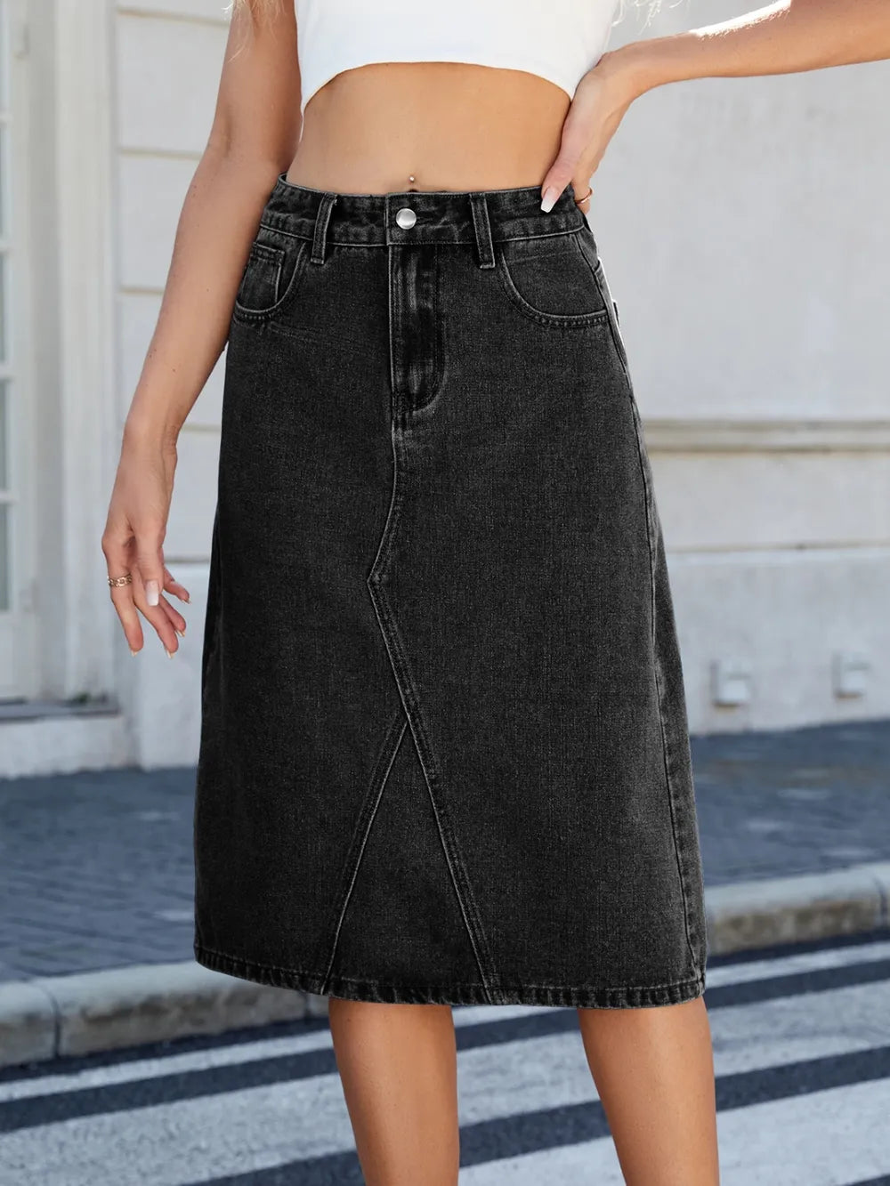 Luxury Japanese Denim Midi Skirt with Back Slit