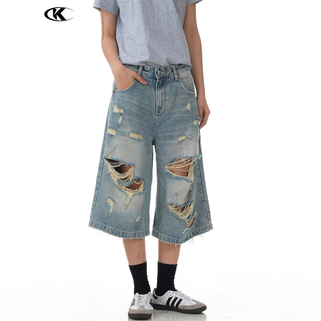 Design Seven-Quarter Denim Pants - Washed Loose Straight  Shorts