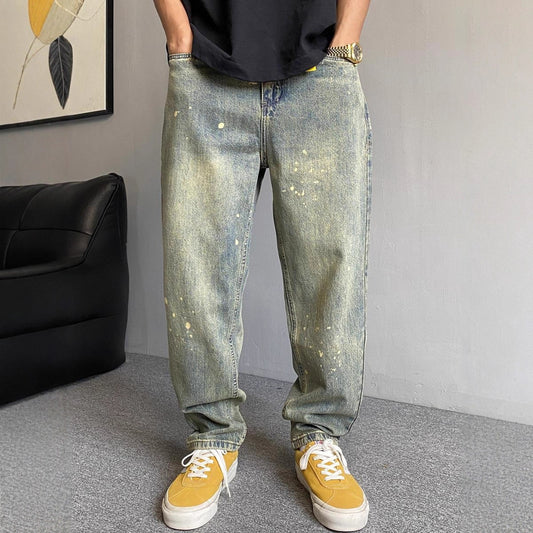 Casual Streetwear Vintage Splatter Denim Pants for Men